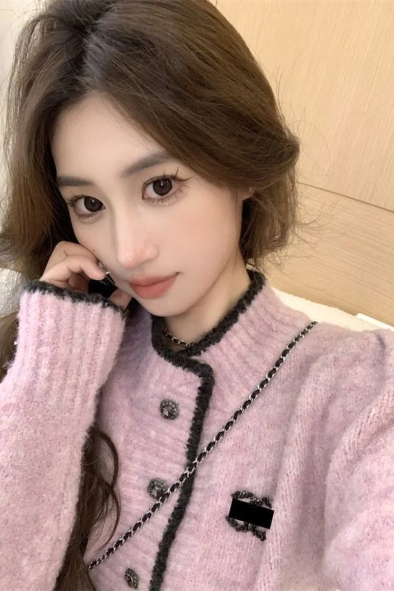 

Spring Autumn New Pink Knitted Top Korean Version Versatile Fashion Exquisite Niche Design Cardigan Sweater Women aesthetic