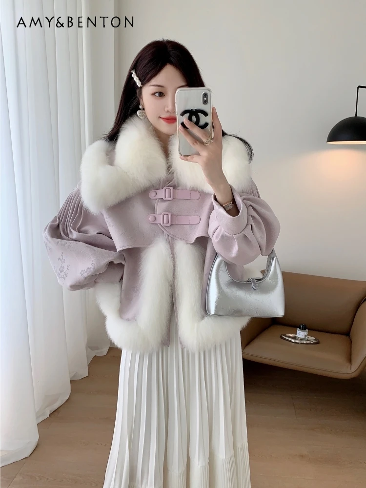 

Sweet Cute Doll Collar Lantern Sleeve Short Fox Fur Jackets for Women Fashion Warm Plush Turn-down Collar Winter Clothes Women