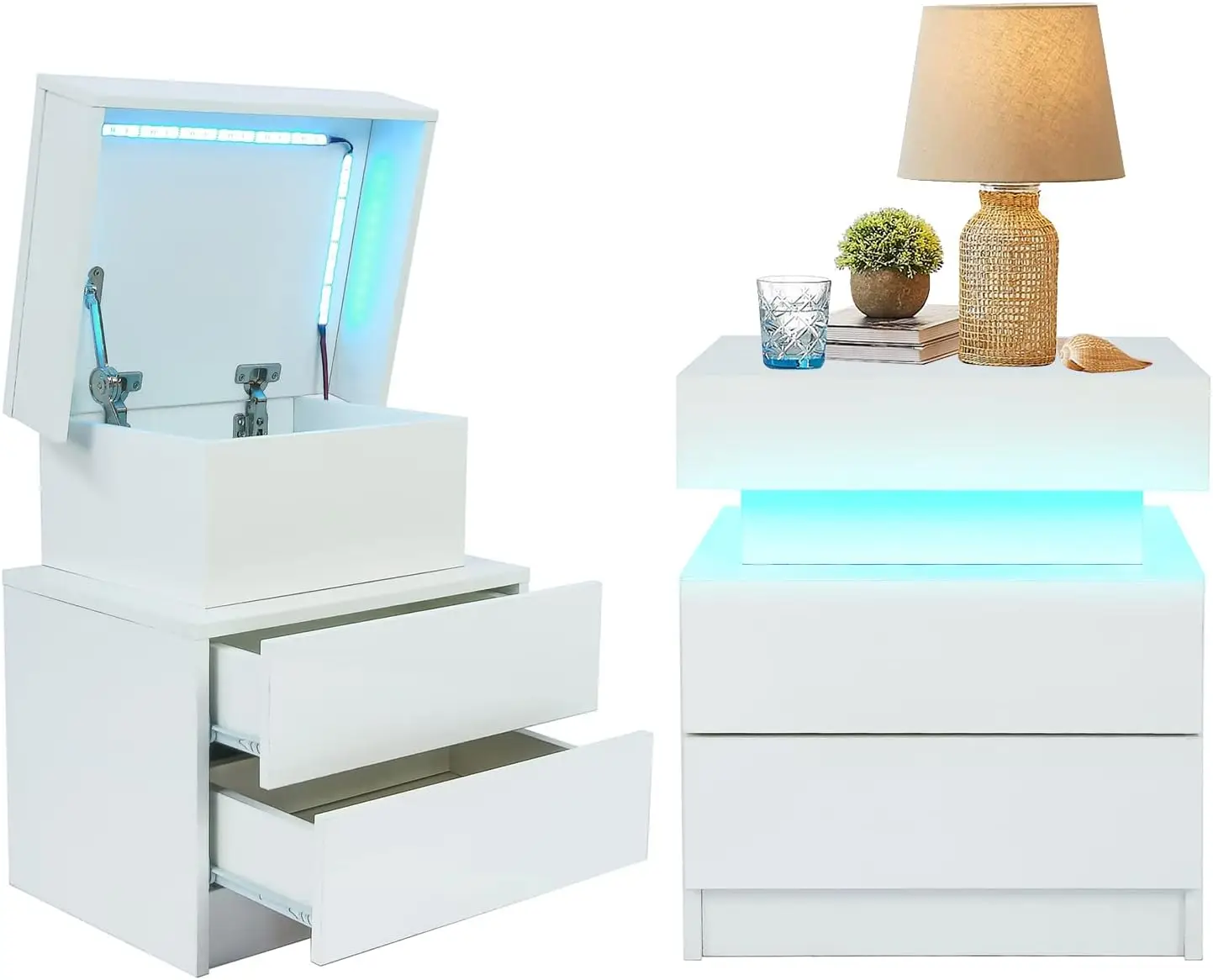 Nightstand Set of 2, White Bedside Table with High Gloss Drawers for Bedroom Furniture,Bed Side Table with Flip-Top Hidden Stora