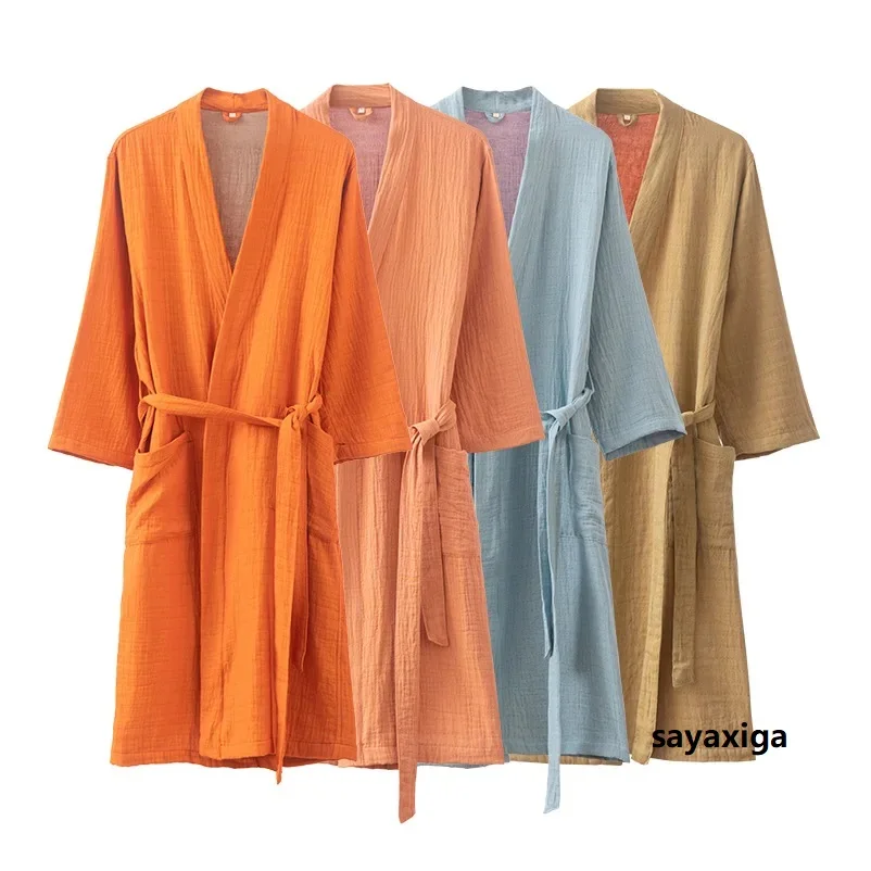 Couples Spring Summer Pure Cotton Double Layer Gauze Bathrobe Thin Dyed Fabric Home Clothing Japanese Style Kimono Robe Pajamas