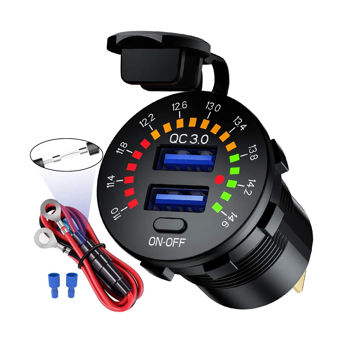 

QC 3.0 Dual USB Charger ON/Off Switch Colorful Voltmeter Wire Fuse Waterproof 12V 36W for Car,Marine,Boat,RV,Truck,Golf Cart