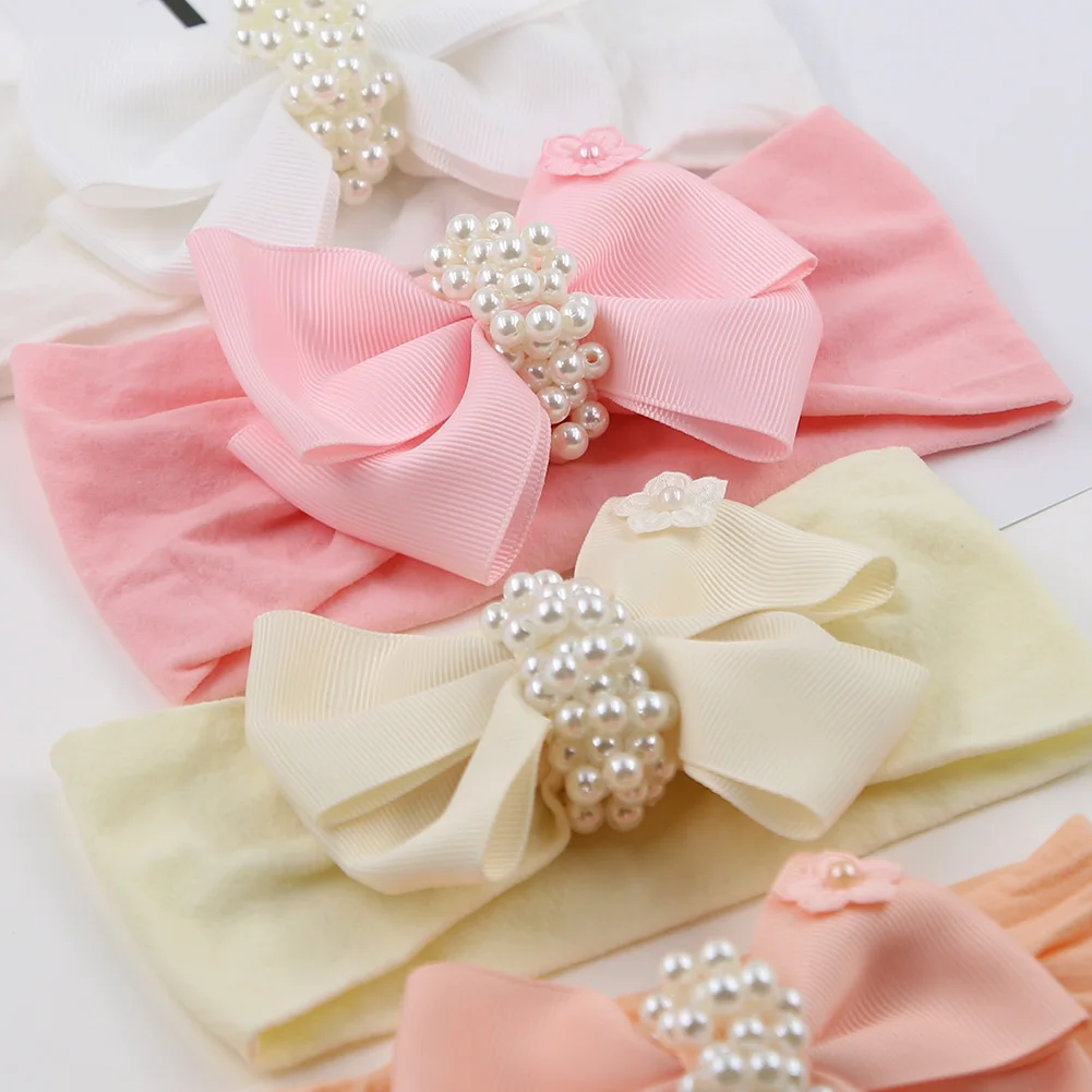 Solid Nylon Baby Headbands Pearl Knotted Ribbon Hair Bows