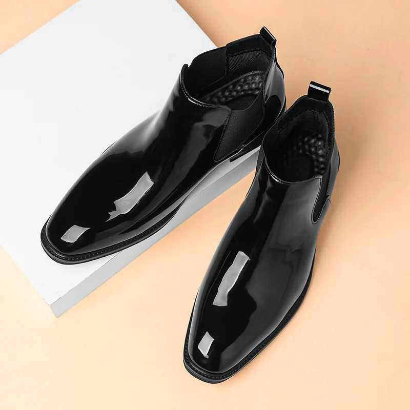 Chelsea Boots for Men Patent Leather Black Buckle Ankle Round Toe Business Classic Handmade Men Short Boots Botas De Hombre