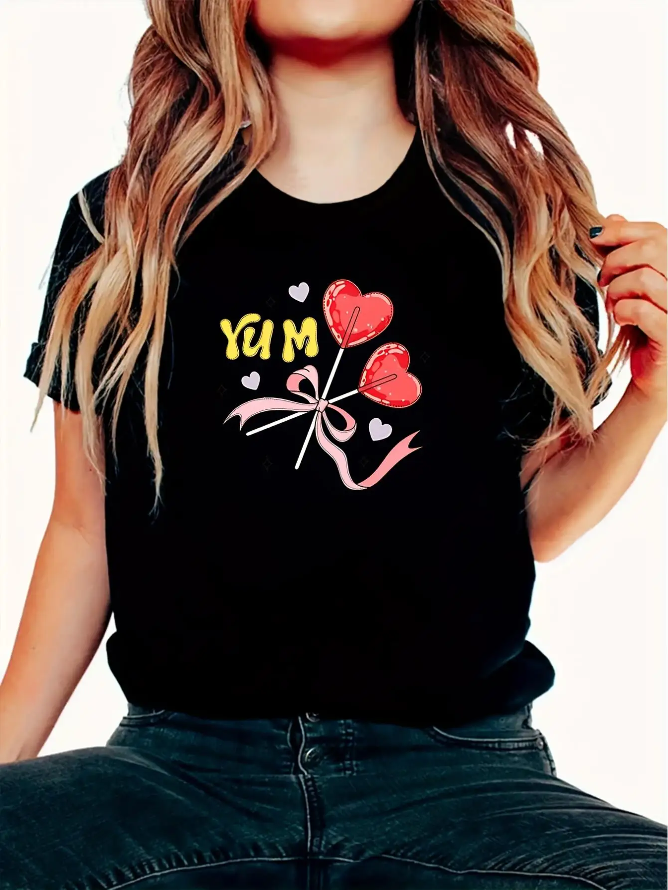 Valentine'S Day Themed Heart Print Loose And Comfortable T-Shirt, Moisture-Wicking And Breathable, Flattering Fit, Women'S Casua 1