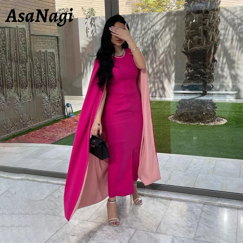 

AsaNagi Elegant O Neck Prom Gown Women's Mermaid Fuchsia Satin Party Evening Dress Ankle Front Slit Special Occasion Gowns 2024