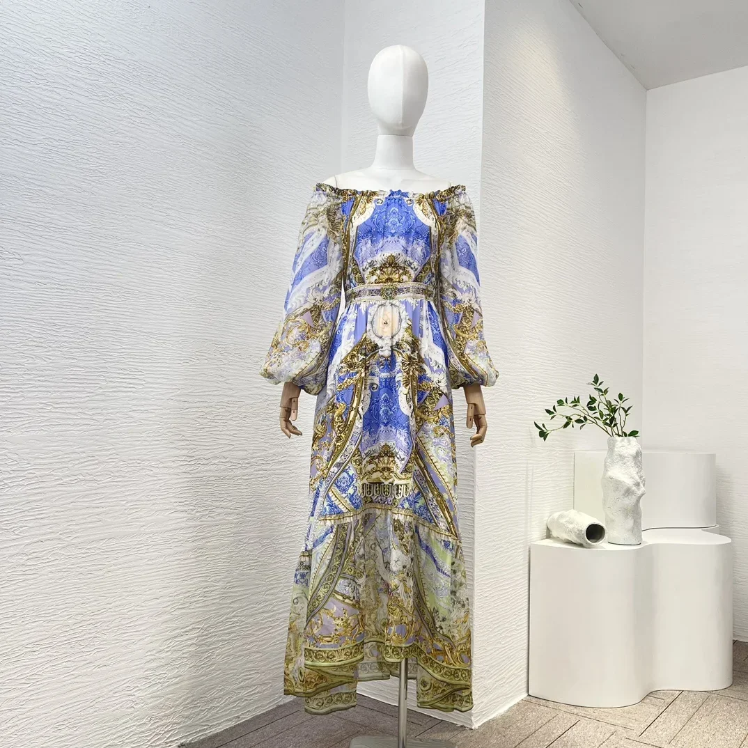 

Top Quality Pure Silk 2023 Spring Summer New Collection Baroque Printing Stretchy Off The Shoulder Long Dresses for Women