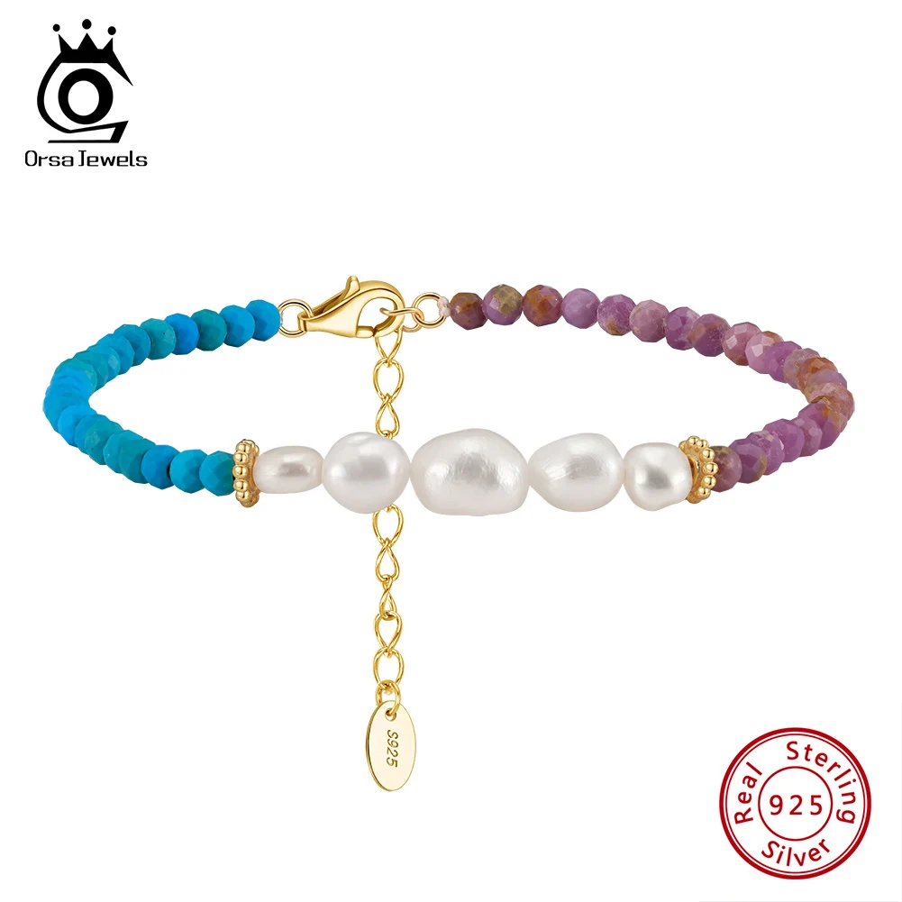 

ORSA JEWELS 925 Sterling Silver Natural Pearl Bracelet Fashion Purple Mica&Turquoise Bracelet Anniversary Gifts for Women MPB04