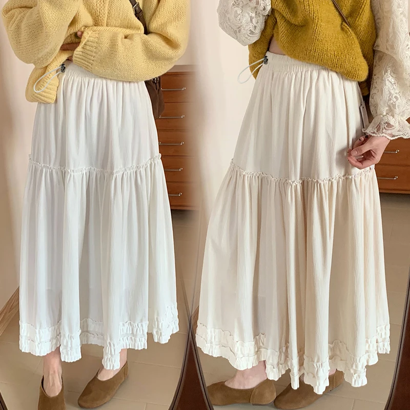 Korean Style Summer Pregnant Woman White Skirts Drawstring Waist Ruffles Hem Patchwork Elegant Lace Maternity Skirt for Women