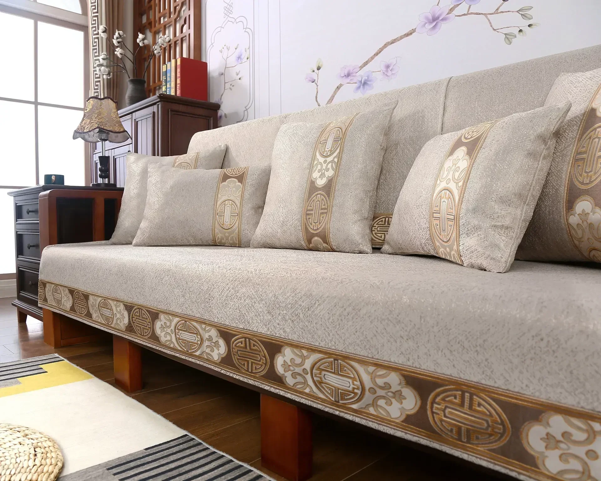 Chinese Non-slip Sofa Cover Beige Edging Cover Towel Leather Sofa Cushion Modern Simple 4 Season Universal Home Protection Cover 4