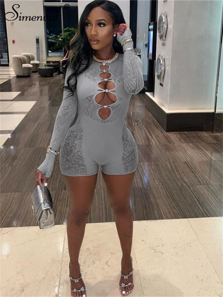 

Simenual Women Trim Clubwear Playsuits Sexy Transparent Rhinestone Hollow Out Skinny Rompers Hot Rave Jumpsuits Baddie Outfits