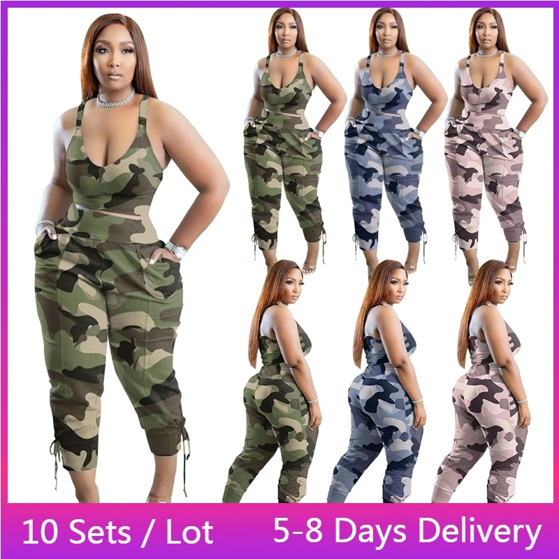 

Wholesale Items Camouflage Two Piece Set Women Korean Sexy Tank Crop Top Cargo Pants Set Fashion 3XL Summer Outfits for Women