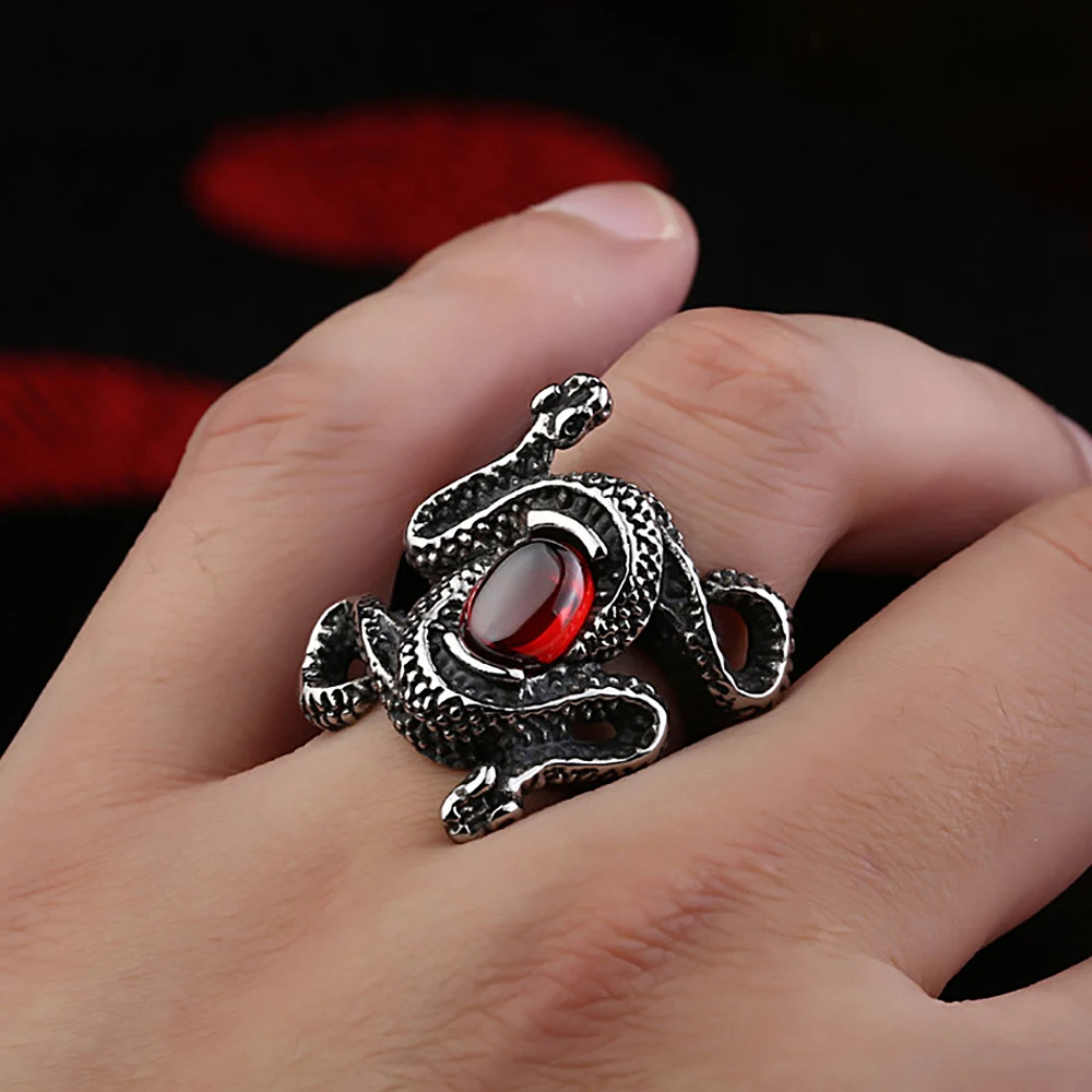 Punk Red Stone Animal Double Snake Rings For Men Women Vintage Stainless Steel Gothic King Cobra Ring Biker Jewelry Wholesale