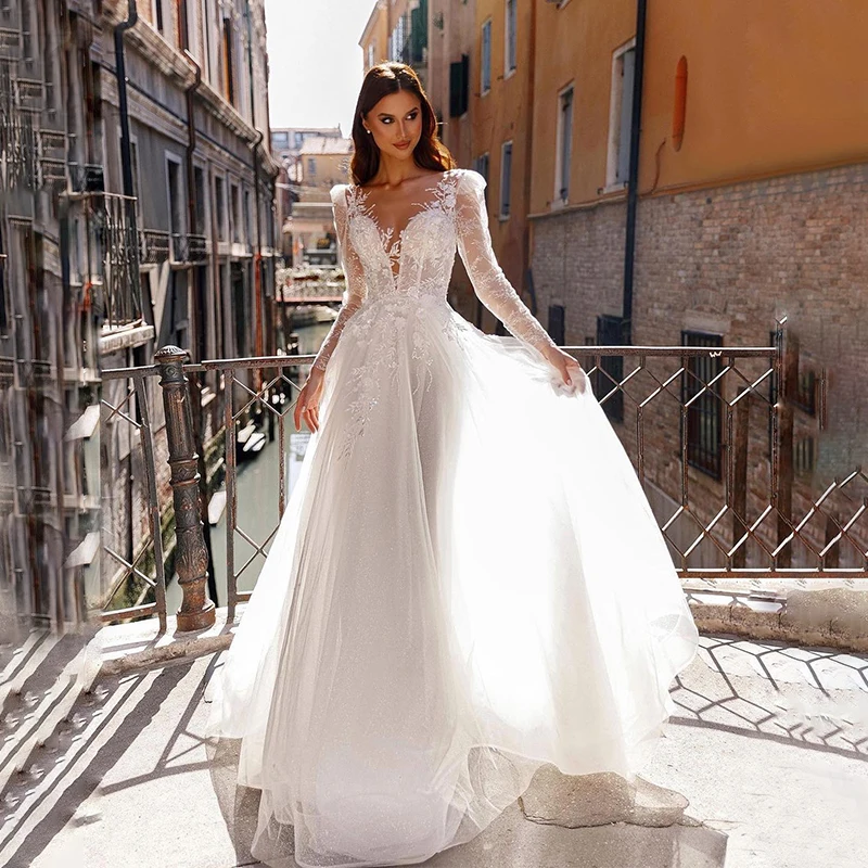 

Женское свадебное платье It's yiiya, белое кружевное платье А-силуэта с V-образным вырезом, длинными рукавами и 3D цветочной аппликацией на лето 2024