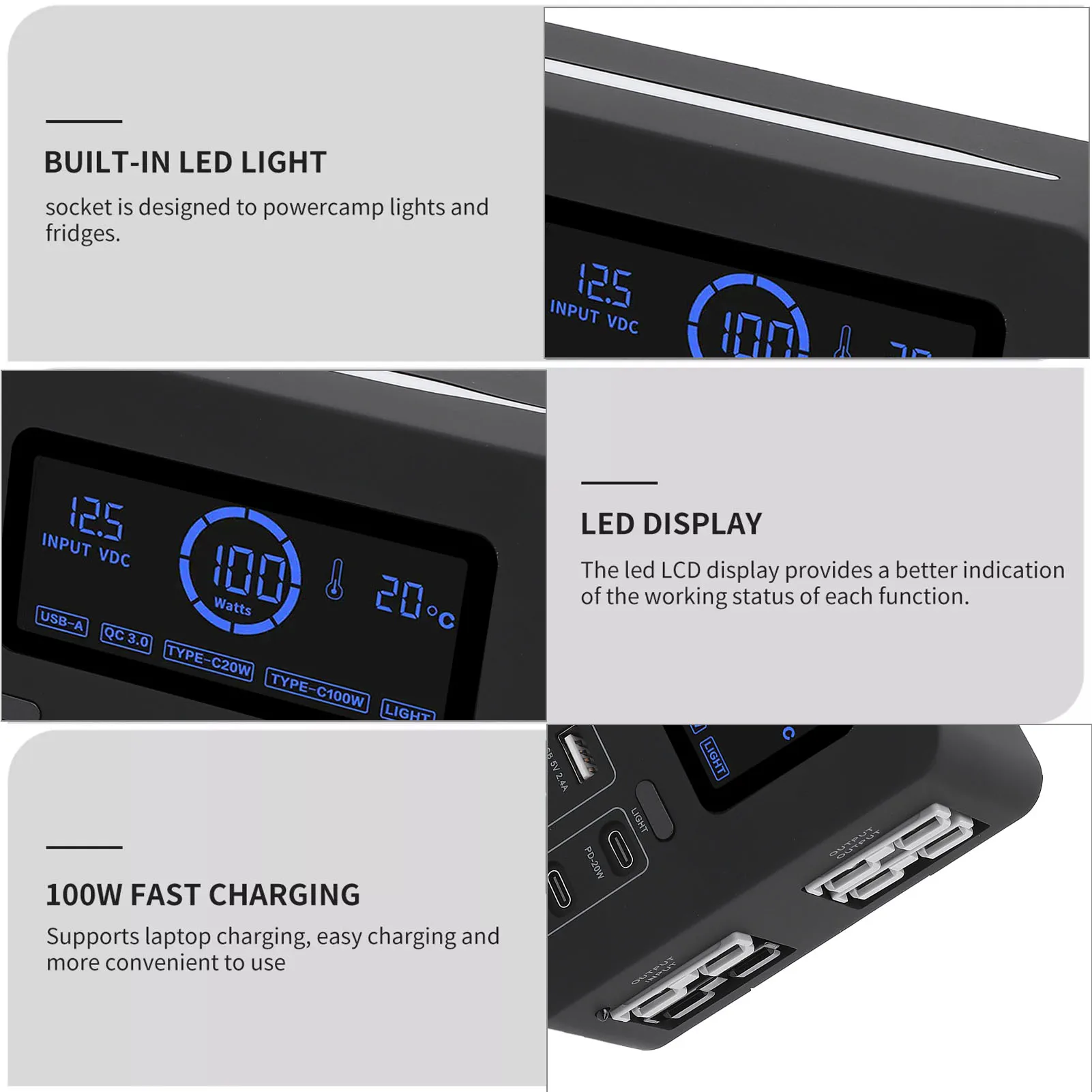 12V Mini Power Box 100W LCD Display USB C QC3.0 Port for 4  Outlet Multifunctional for Boat RV Car Boat Mini Power Box