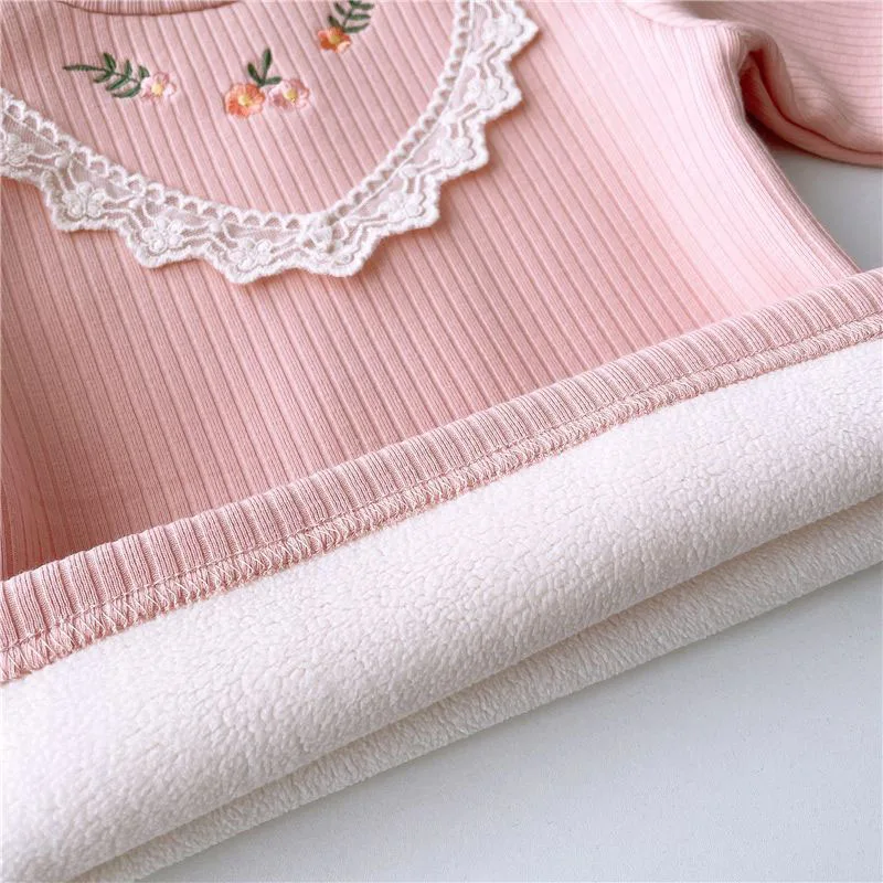 Girls Fleece Padded Shirts Cute Embroidery Flower Tops