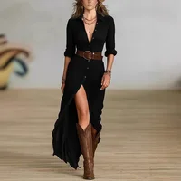 Robe Sexy pour femmes, rétro français, col en v, taille plissée, fente ample, tempérament, manches longues, nouvelle collection 4