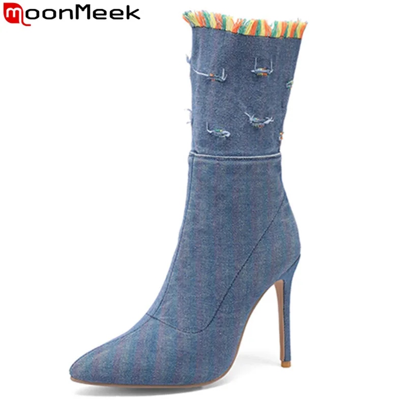 

MoonMeek 2023 Size 34-43 New Denim Mixed Colors Spring Boots Women Stilettos High Heels Shoes Sexy Ladies Zipper Ankle Boots