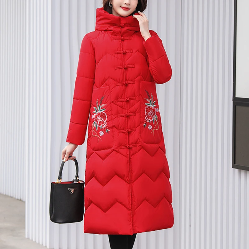 

Fashion Ethnic Embroidered Down cotton Jacket Women Warm Loose Long Overcoat Windproof Hooded Parkas Thick Cotton Cheongsam Coat