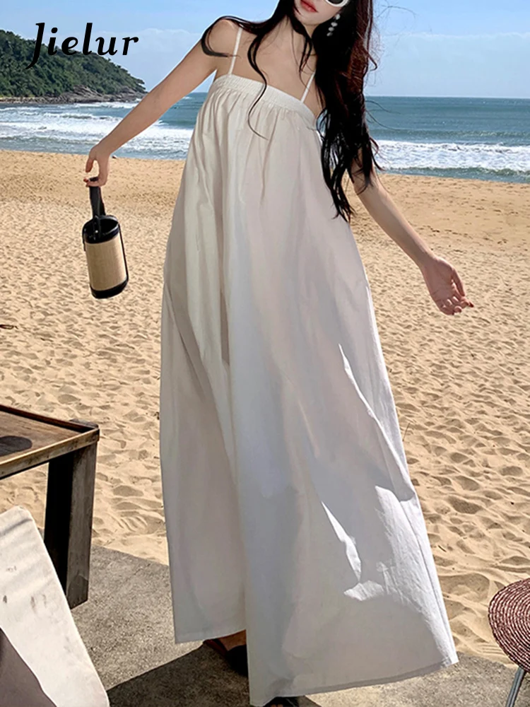 

Jielur White Loose Sweet Vacation Style Female Dresses Solid Color Slash Neck Fashion Sleeveless Simple Casual Chic Women Dress