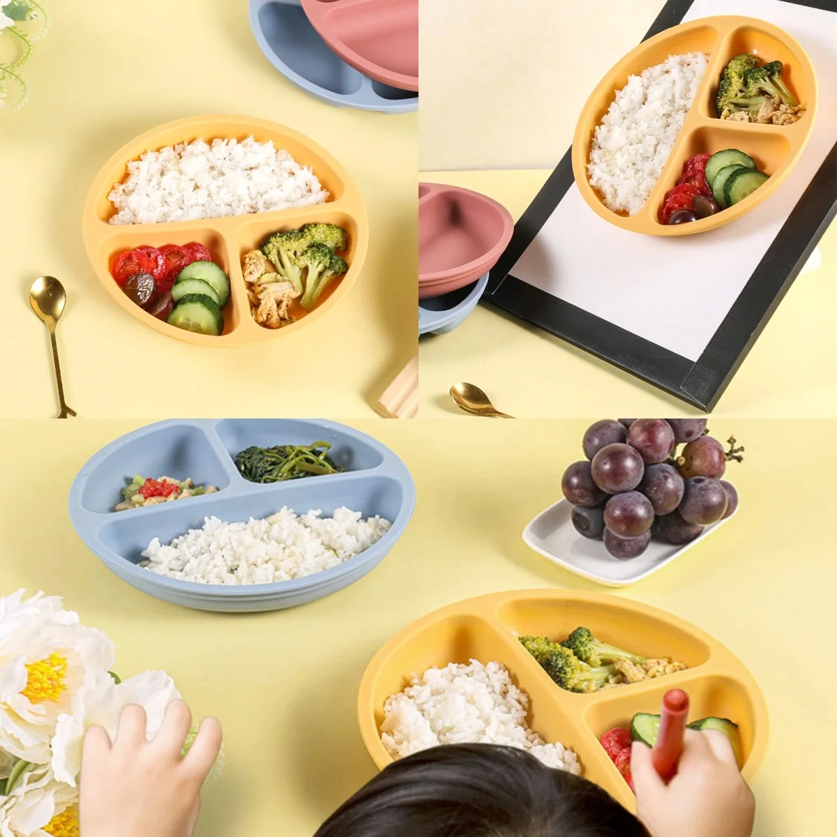 Baby Silicone Divided Plate Feeding Children Dining Safe Suction Round Tray for Toddlers Kids Meal Training Sucker Tableware