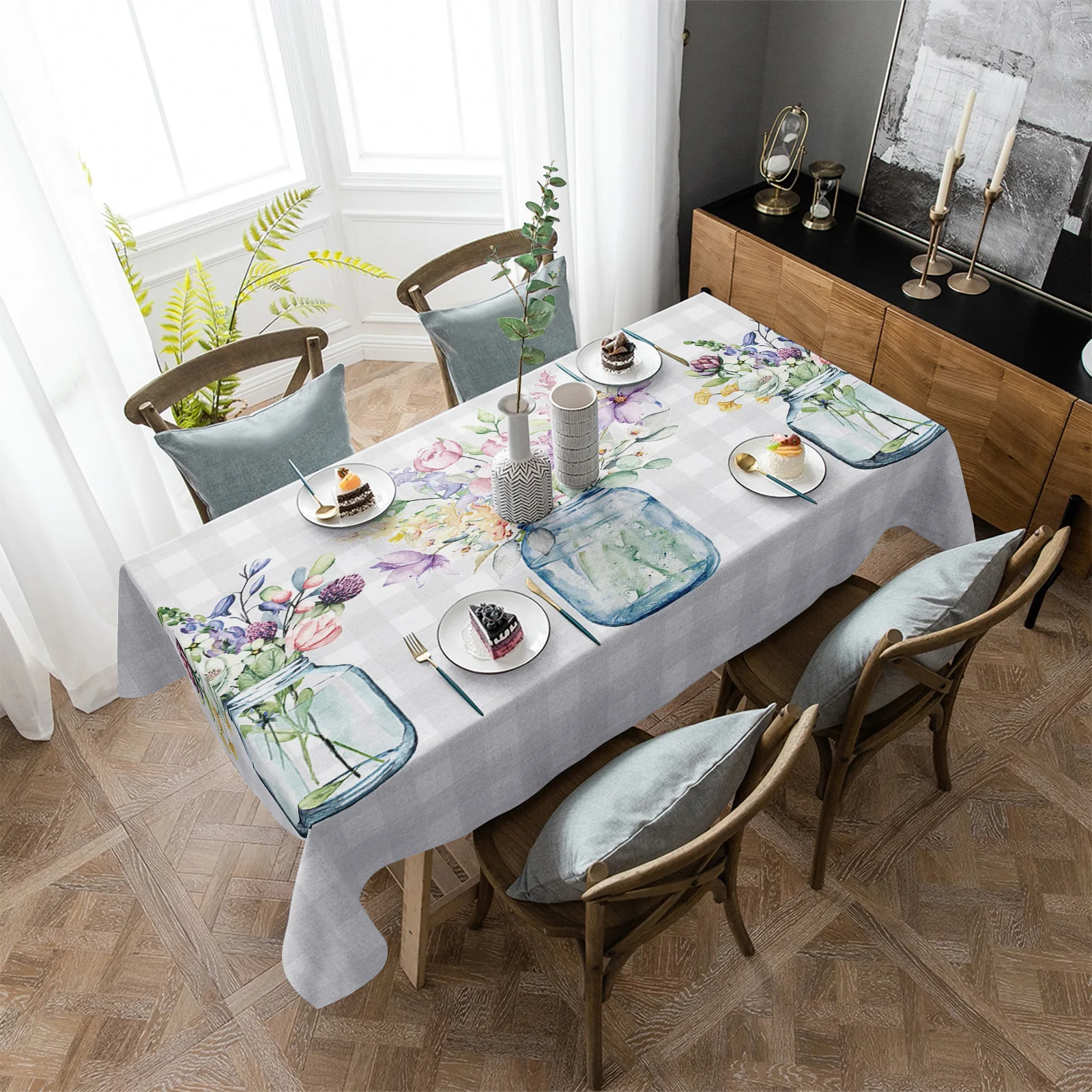 

Bottle Flower Plaid Rectangular Tablecloth Dustproof Picnic Cloth Home Decoration Kitchen Waterproof Table Cover