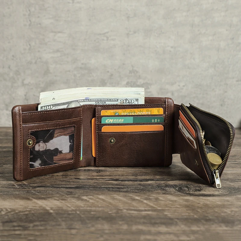 CONTACT'S Genuine Leather Men Wallet Small RFID Casual Trifold Short Wallets Zipper Coin Pocket Male Card Holder Purse 2