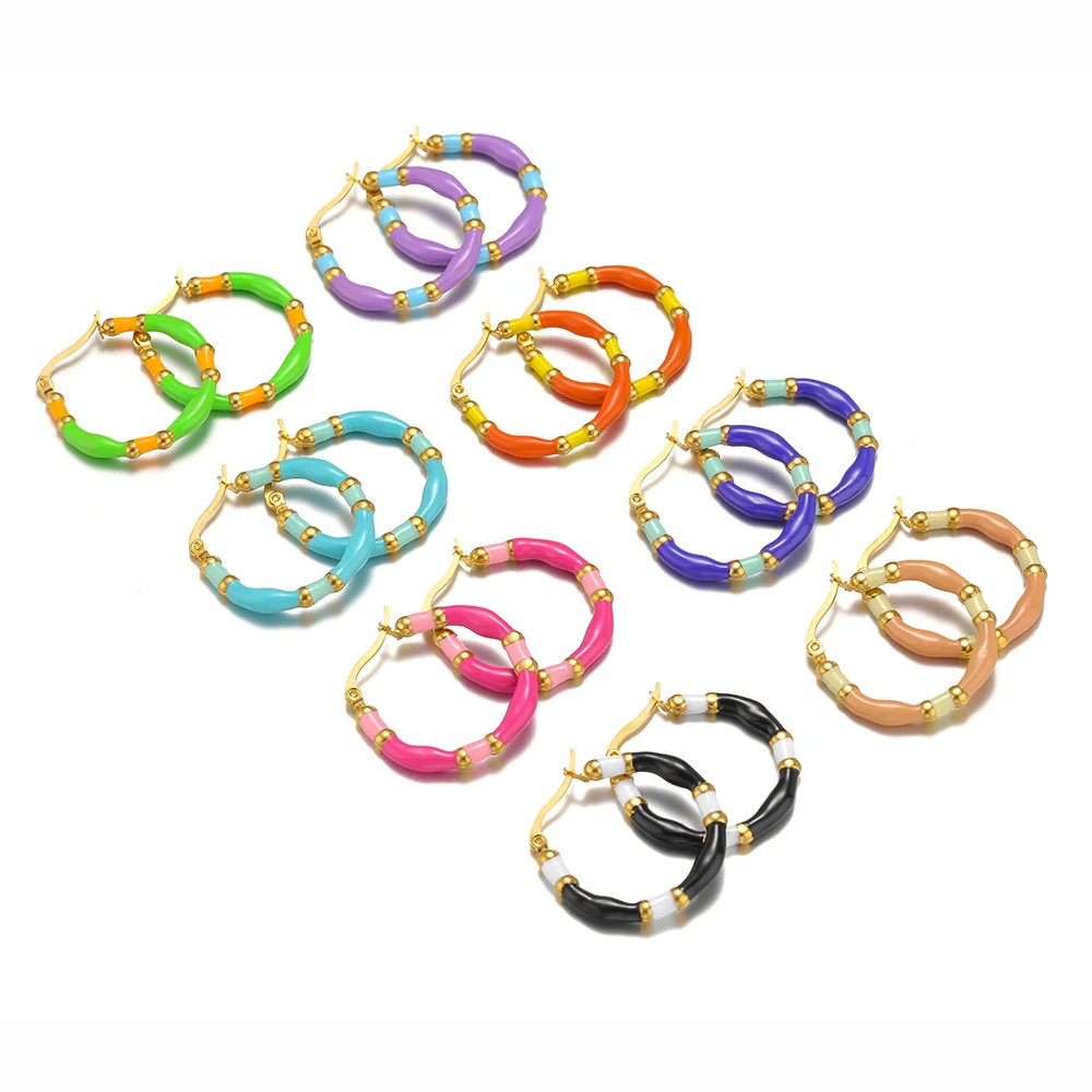 1 Pair Stainless Steel Colorful Enamel Coarse Bamboo Joint Earrings Hoops for Jewelry Findings Accessories Wholesale Supplies