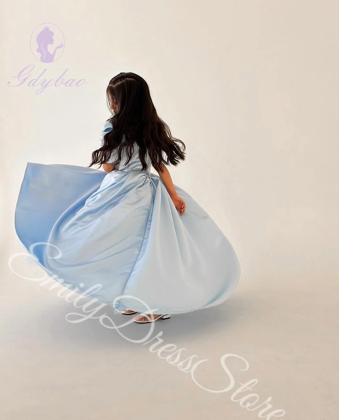 Customized Sky Blue Flower Girl Dress For Wedding Satin Half Sleeves Puffy Applique Kids Birthday First Communion Ball Gowns 3