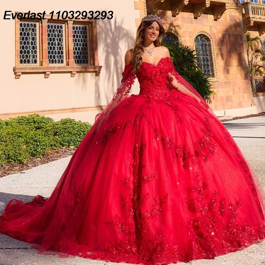 

EVLAST блестящее красное платье Quinceanera бальное платье 3D Цветочная аппликация бисер с накидкой Мексика милое 16 Vestido 15 лет TQD212