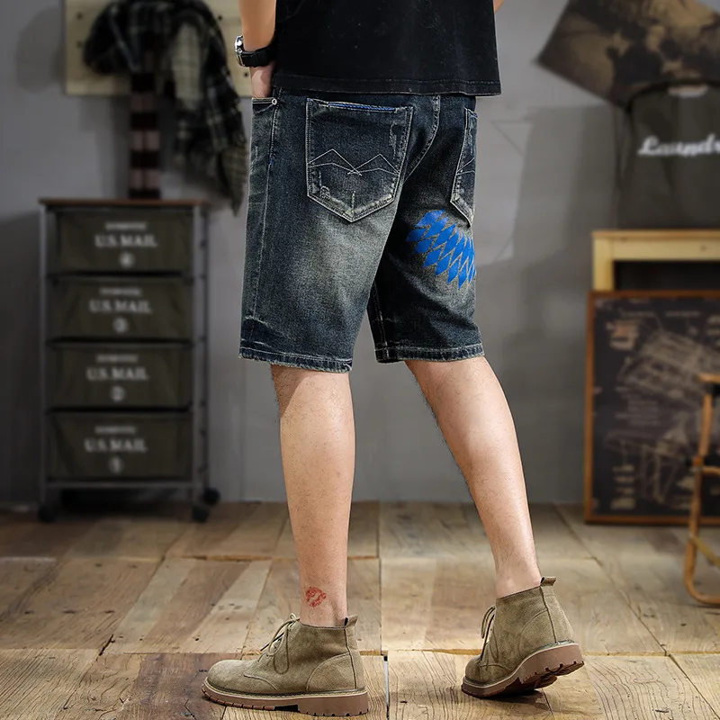 Retro Washed Distressed Scrape Denim Shorts Men's Summer New 2024 Fashion Printed Design Slim Ripped Cropped Pants