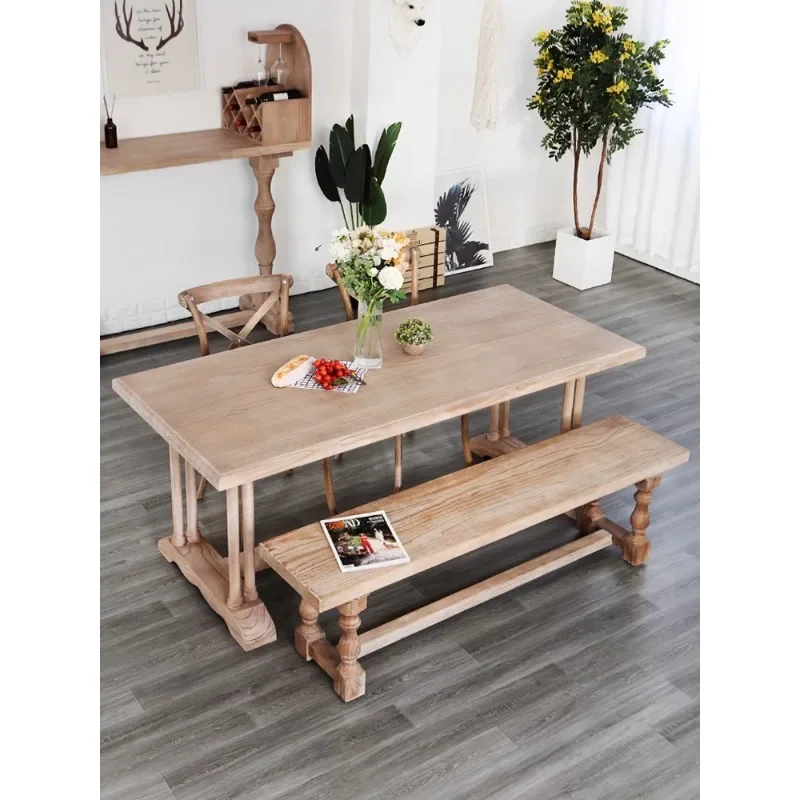 American retro all-solid wood dining table and chair combination, one table and six chairs, small household restaurant, dining t