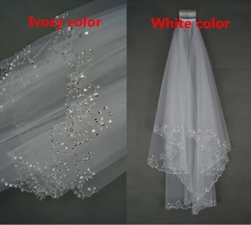 HOT New White Ivory 2 Layers Wedding Bridal Veil With Comb Sequin Beaded Veils