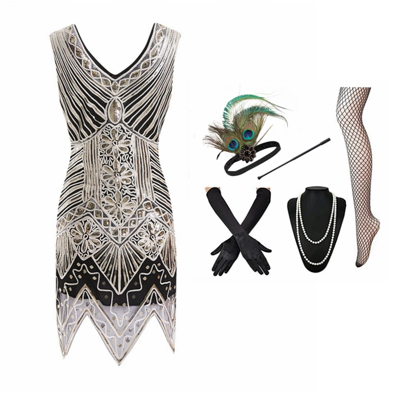 

Retro 1920s Great Gatsby Charleston Dress V Neck Sleeveless Sequin Art Deco Women Flapper Ganster Party Dress with Accessories