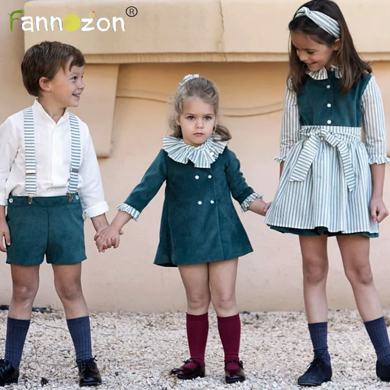 

Velvet Brother and Sister stripe Kids Clothes Girls Dresses Boys Shorts Sets Skirt Children Clothing Long Sleeve Spring Autumn