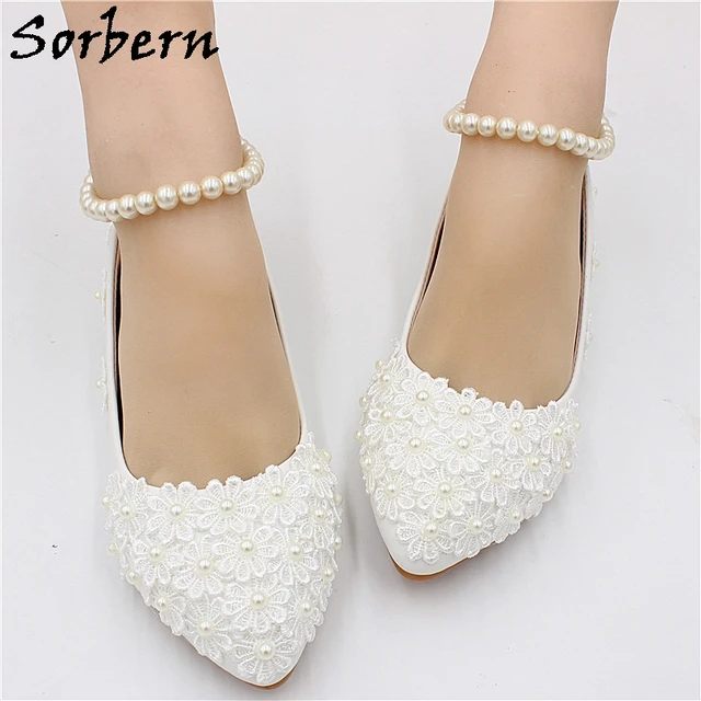 Sorbern White Flower Wedding Shoes Flat Heels 3Cm 5Cm 8Cm Kitten Heel Shoe Beading Straps Elastic Comfy Bridesmaid Girls Shoe 1