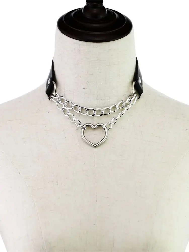 Uyee mulher homem gótico gargantilha colar preto couro do plutônio punk rebite colar com corrente sexy aço inoxidável jóias pingentes redondos