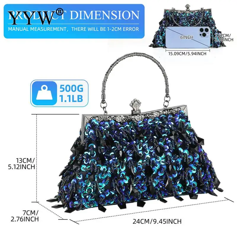 Vintage Women Crystal Beaded Evening Wedding Clutch Handbag Rhinestone Bling Sequins Embroidery Crossbody Cocktail Party Purse