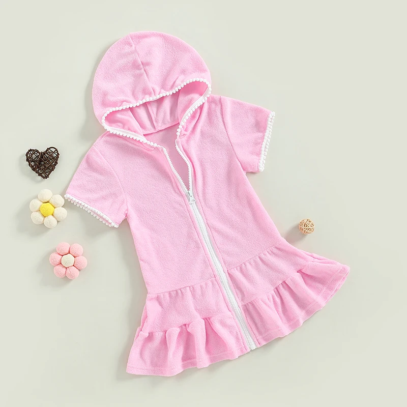 FOCUSNORM 2-11Y Toddler Kids Girls Swimwear Cover Up Dress Short Sleeve Zip Up Ruffles Solid Beach Dress for Kids