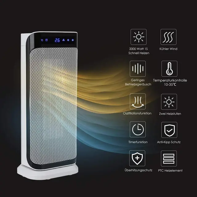 Elektromos Fűtőventilátor, 2000W Ptc Kerámia Hordozható Fűtés, Időzítő, Távirányító, Termosztát, Túlmelegedés Védelme, Led Kijelző Biztonsága - Image 3