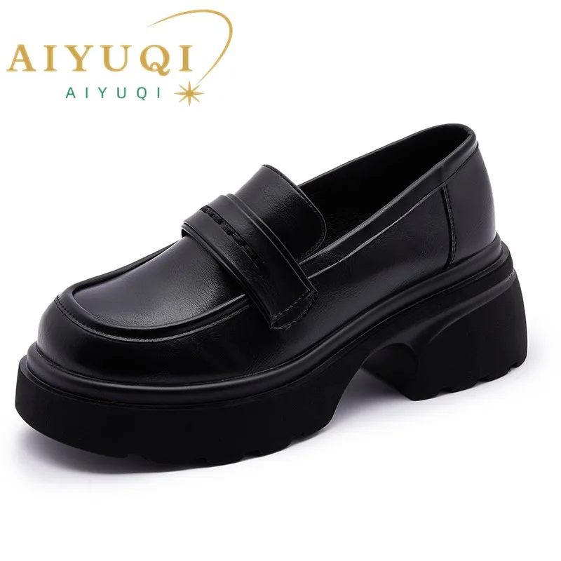 

AIYUQI British Style Shoes Female Genuine Leather 2024 New Platform High Heels Loafers Women College Style Non-lace Girls Shoes