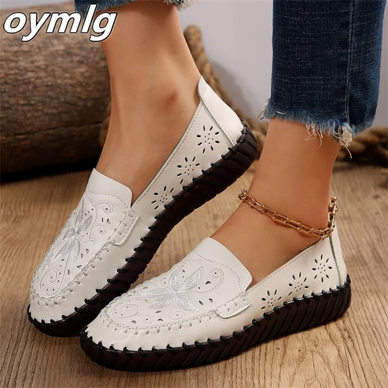 2023 New Hollow Out Flat Bottom Large Size Single Shoes for Women with Ox Rib Sole Small White Shoes Large Size Single Shoes
