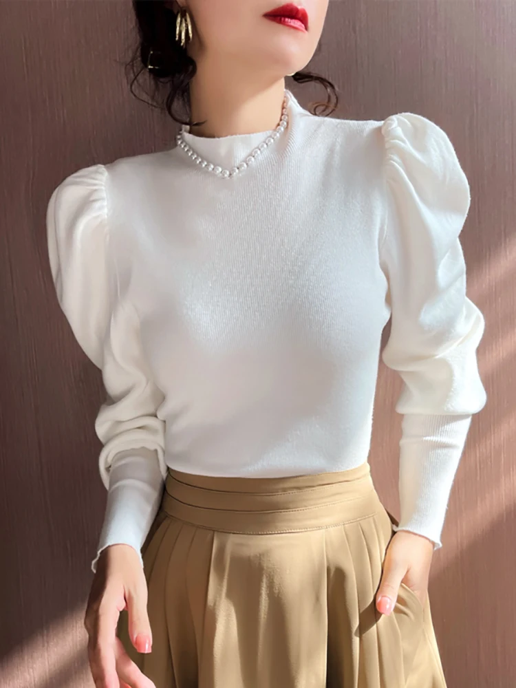 Autumn Winter Sweater Turtleneck Slim Fit Basic Pullovers Fashion Korean Knit Tops Puff Sleeve Womens Sweater Stretch Jumpers 2