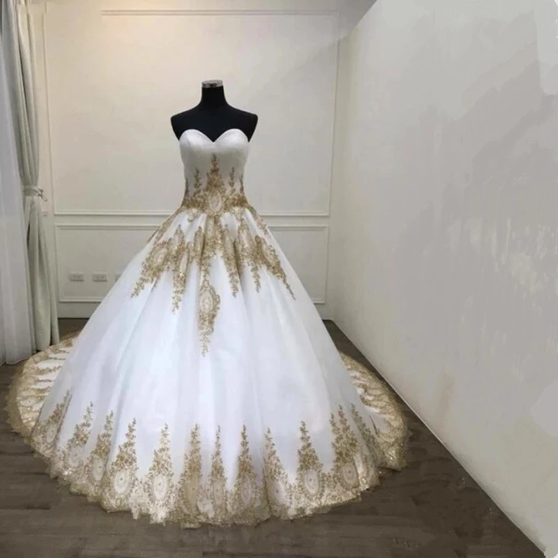 

Angelsbridep Sweetheart Tulle Gold Appliques Wedding Dress Vestidos De Novia Robe Ball Gown Floor Length Corset Summer Plus Size
