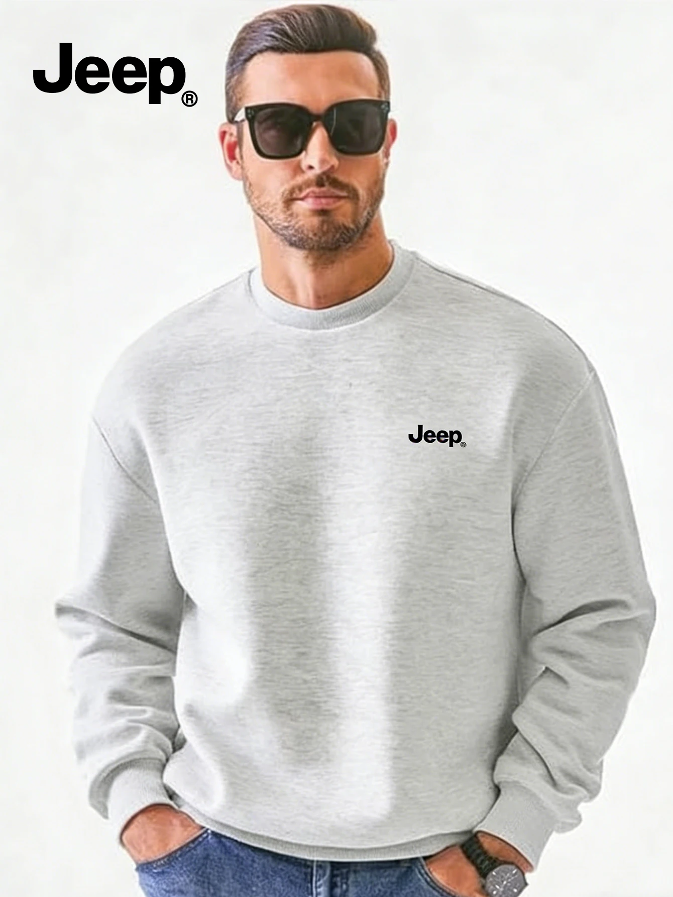 Jeep 남성용 긴 소매 크루넥 스웨트셔츠 솔리드 컬러 릴렉스 핏 소프트 통기성 다용도 캐주얼 탑 JPXWDSM005