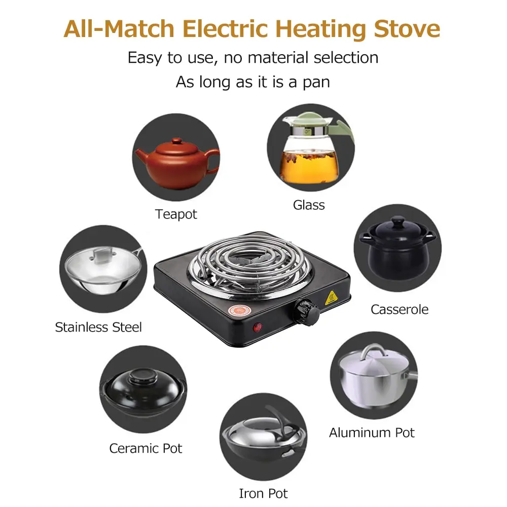 1000W Electric Stove Iron Burner Hot Plate Portable Kitchen Cooker Coffee Heater Milk Soup Durable Asjustable Quick