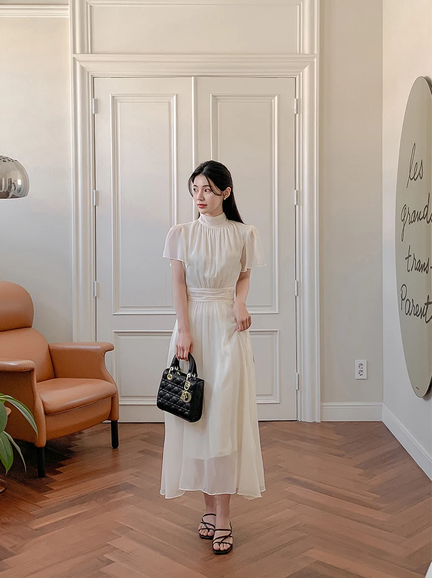 Elegant Solid Midi Dresses for Women Ruffles Half-high Collar A-line Office Lady Casual Korean Fashion Autumn Vestidos Mujer New