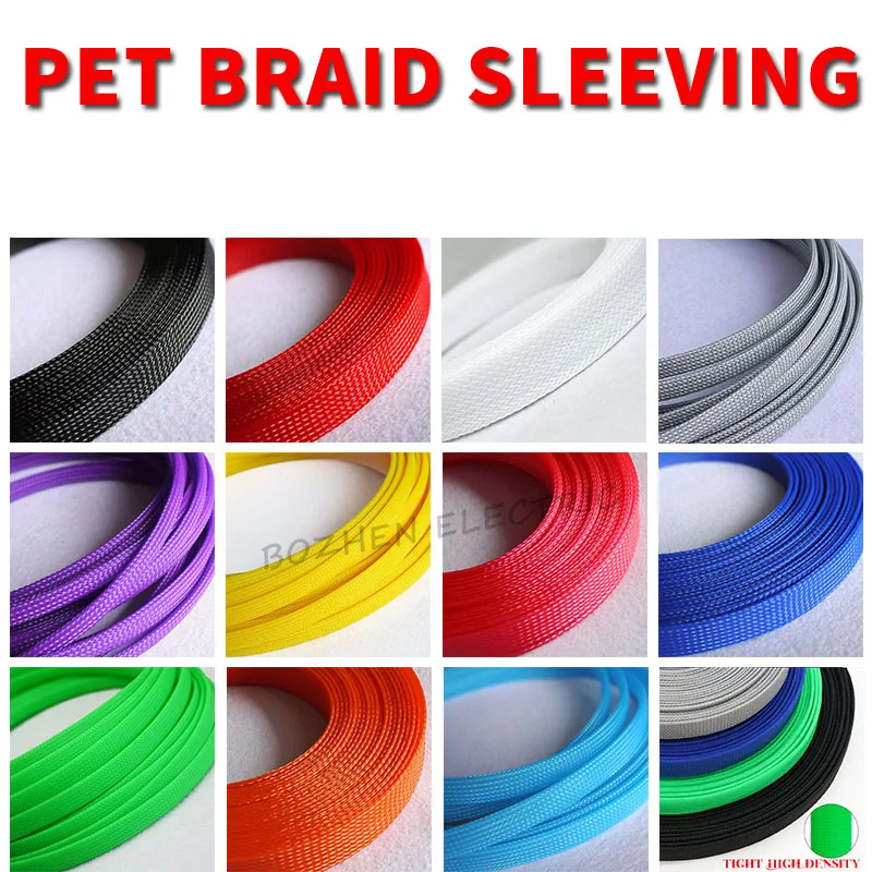 

Insulated PET Braid Sleeving 3/4/6/8/10/12/14/16mm Tight 1/5/10M High Density Wire Wrap Sheath Protection Black Red Cable sleeve