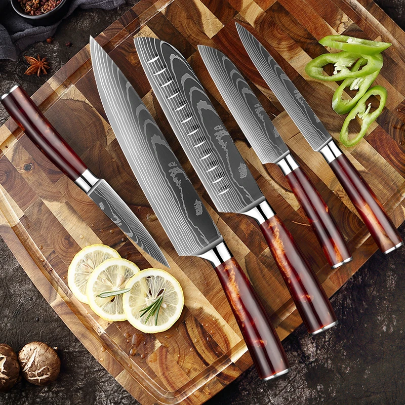 Kitchen Knife Set Imitation Damascus Pattern Professional Chef knife Meat Cleaver Slicing Santoku knife Kitchen Accessory kitchen knives