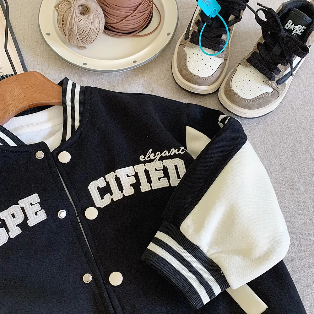 봄 가을  남아용 면 프레피 알파벳 싱글 브레스티드 바시티 재킷 학교 어린이 트랙 코트 아동복 상의 1-12세