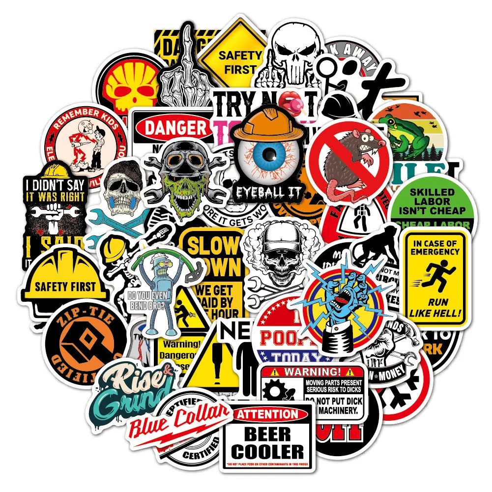 50pcs/set Hard Hat Sticker 50 Graffiti Waterproof Warning Slogans Decorate Computer Skateboard Suitcase Helmet Sticker